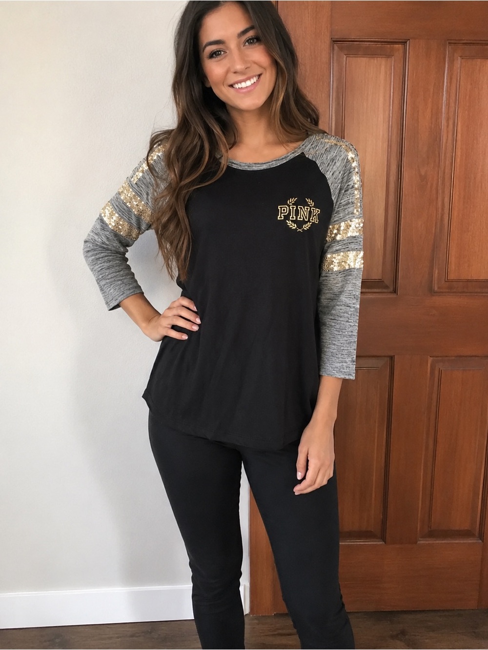 Victoria’s Secret PINK Black & Gray Sequin Sleeve Raglan Top